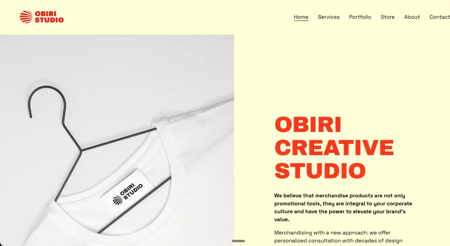 Старый сайт OBIRI Studio на Squarespace: жёлтый фон, красный логотип, текст на английском